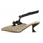 Gold Glitter Black Bows Embellished Point Head Kitten Heels Bridal Sandals Shoes